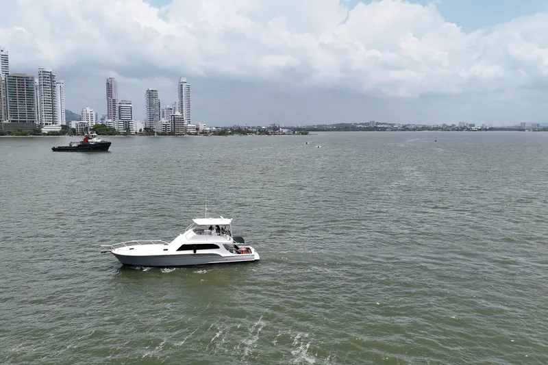  Yacht Photos Pics A 1989 Buddy Davis 61 yacht cruising near a city skyline on a cloudy day.