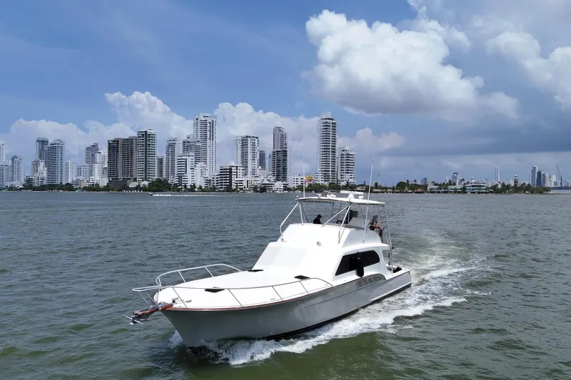  Yacht Photos Pics 1989 Buddy Davis 61 yacht cruising near city skyline under blue sky.