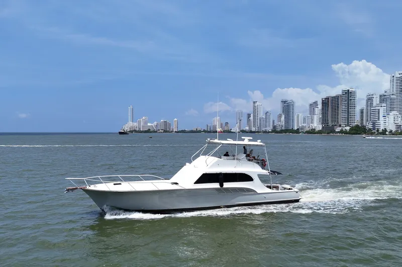  Yacht Photos Pics 1989 Buddy Davis 61 yacht cruising near city skyline on a sunny day.