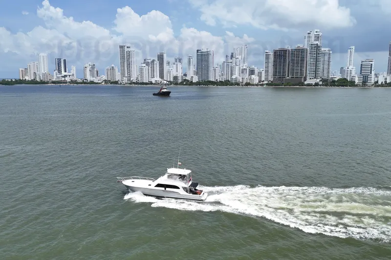  Yacht Photos Pics 1989 Buddy Davis 61 yacht cruising near city skyline under blue sky.