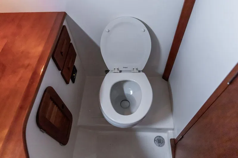 Friendship Yacht Photos Pics Hinckley Picnic Boat MKIII 2010 bathroom interior with wooden accents and toilet.