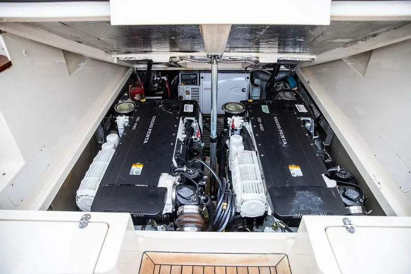 Friendship Yacht Photos Pics Engine compartment of 2010 Hinckley Picnic Boat MKIII with Volvo Penta engines.