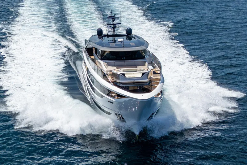 Splash Yacht Photos Pics Luxurious 2022 Princess X95 yacht cruising on open sea, showcasing sleek design and elegance.