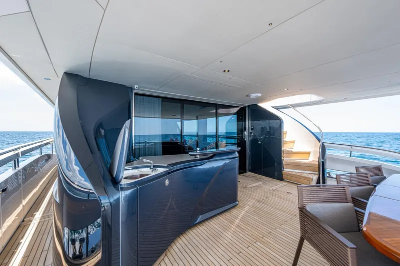 Splash Yacht Photos Pics Luxurious 2022 Princess X95 yacht deck with modern seating and ocean view.