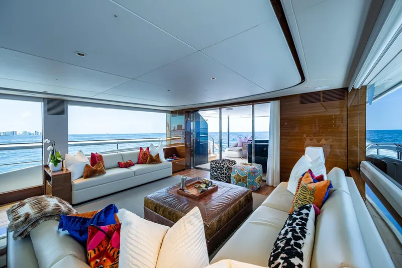 Splash Yacht Photos Pics Luxurious interior of 2022 Princess X95 yacht with ocean view and elegant decor.