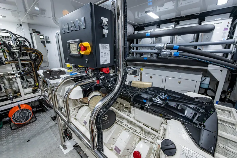 Splash Yacht Photos Pics Engine room of 2022 Princess X95 yacht featuring MAN V12 engine.