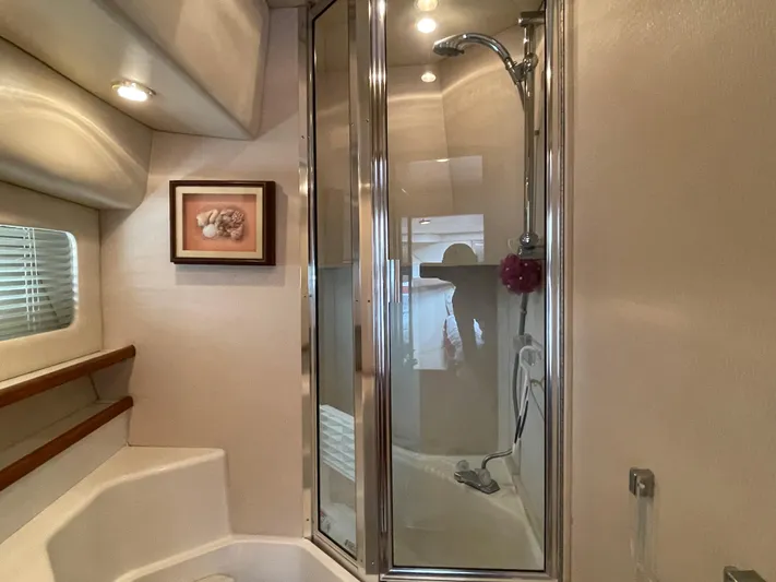  Yacht Photos Pics 1998 Bayliner 4788 Pilot House Motoryacht bathroom with shower and framed artwork.
