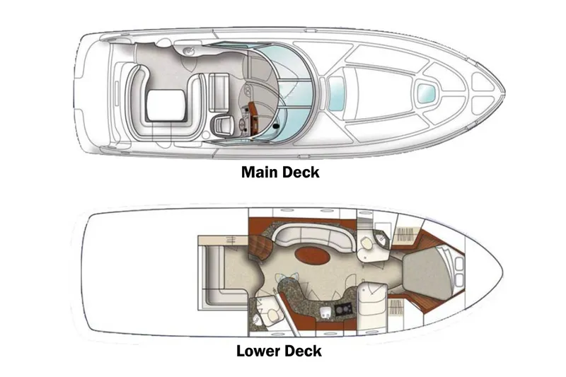  Yacht Photos Pics Floor plan of 2004 Sea Ray 420 Sundancer yacht, showing main and lower decks.