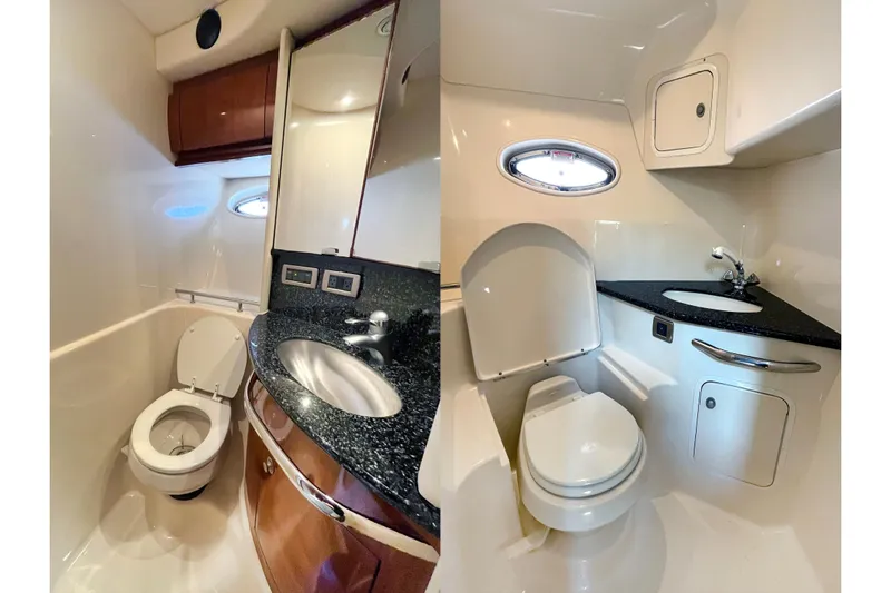  Yacht Photos Pics Luxurious 2004 Searay 420 Sundancer yacht bathroom with modern fixtures and elegant design.