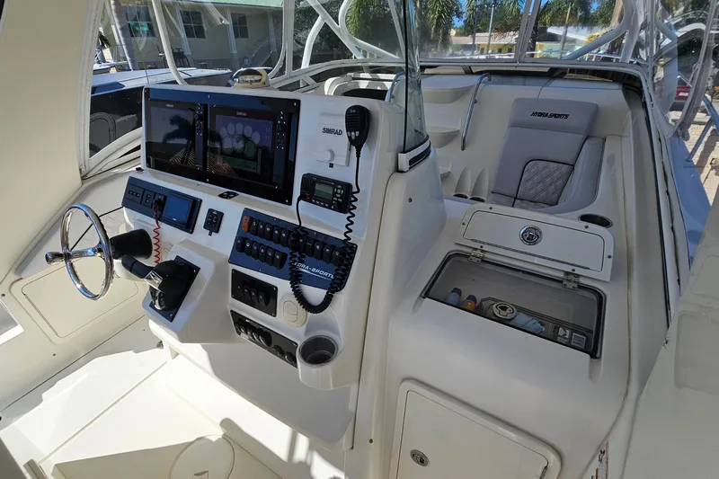  Yacht Photos Pics 2008 Hydra-Sports Vector 3500 VX boat cockpit with advanced navigation controls.
