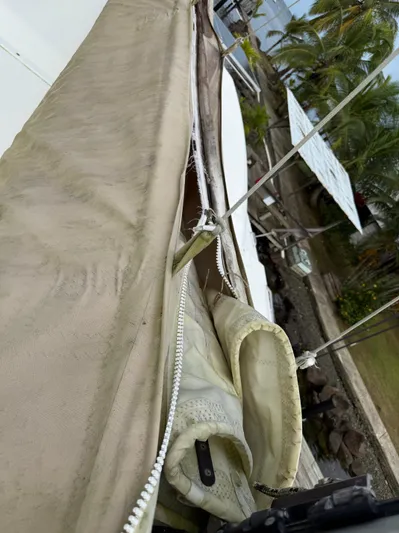 Road Less Travelled Yacht Photos Pics Close-up of a 2013 Lagoon 421 sailboat's sail and rigging details.