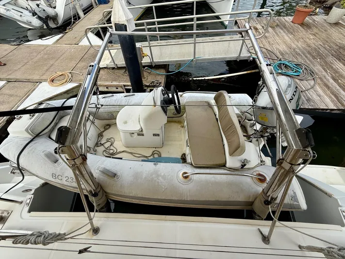 Road Less Travelled Yacht Photos Pics Inflatable dinghy on Lagoon 421 catamaran, docked at marina, 2013 model.