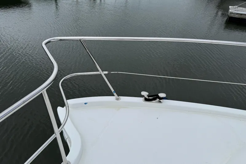 Ohana Yacht Photos Pics Bow of 2015 Fountaine Pajot Summerland 40 LC catamaran with railing and cleat.