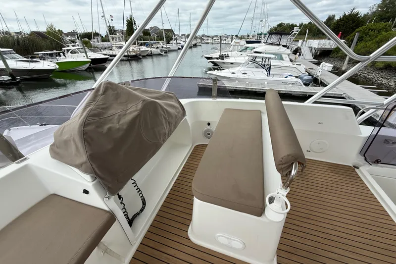 Ohana Yacht Photos Pics Flybridge view of 2015 Fountaine Pajot Summerland 40 LC at marina.