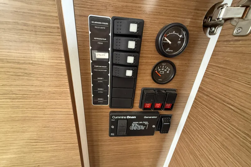 Ohana Yacht Photos Pics Control panel of 2015 Fountaine Pajot Summerland 40 LC with gauges and switches.