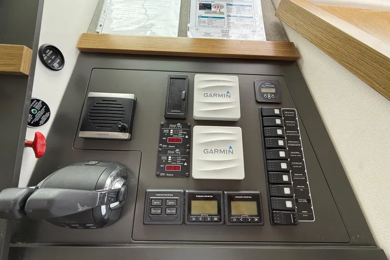 Ohana Yacht Photos Pics Control panel of 2015 Fountaine Pajot Summerland 40 LC with Garmin navigation equipment.