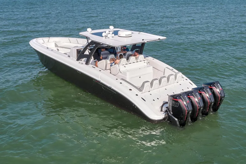  Yacht Photos Pics 2021 Midnight Express 43' Open boat with quad engines cruising on water.