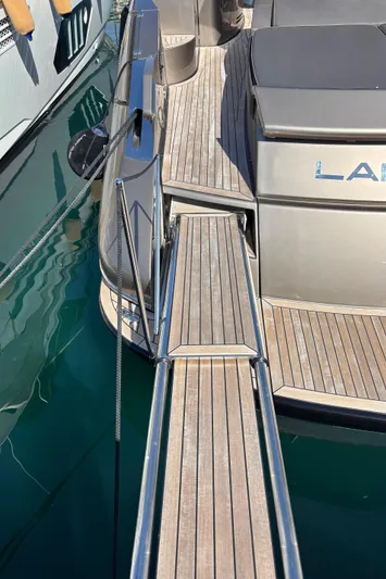(2021 And 2024 Retrofit) Yacht Photos Pics Luxury Riva 52' LE yacht, 2003 model, with wooden deck and gangway.