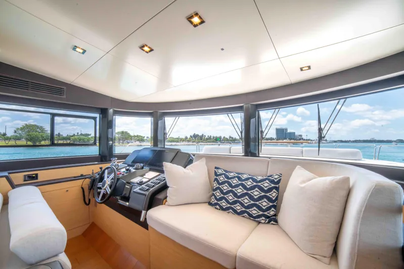 Sand Bar Yacht Photos Pics Luxurious interior of 2018 Sirena 64 yacht with panoramic windows and plush seating.