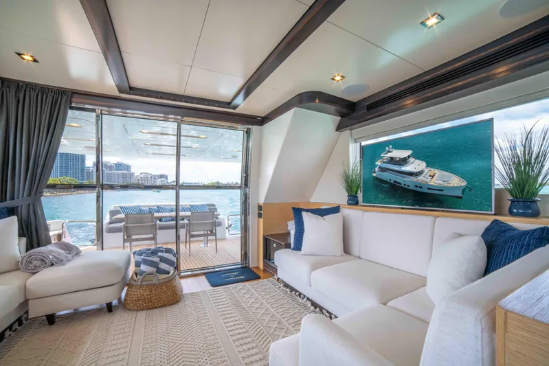 Sand Bar Yacht Photos Pics Luxurious interior of 2018 Sirena 64 yacht with waterfront view.