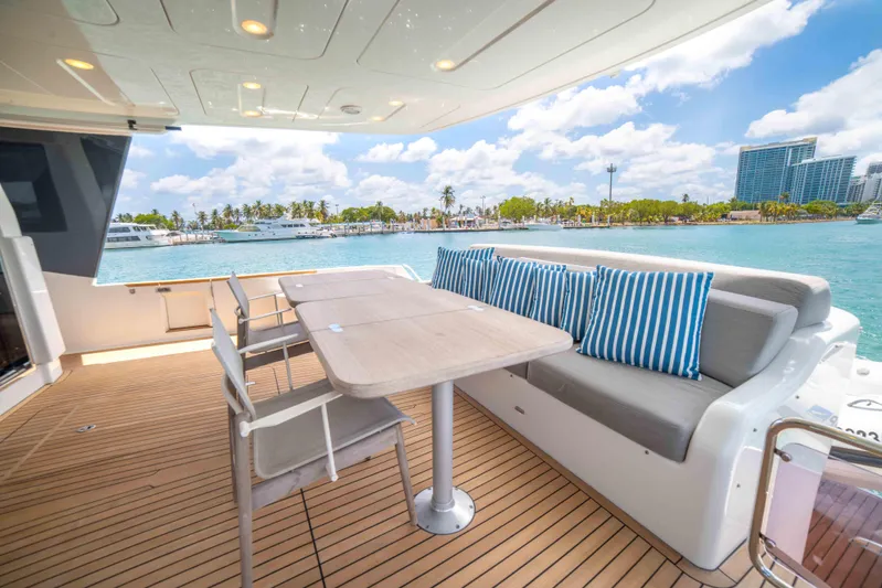 Sand Bar Yacht Photos Pics Outdoor seating area on a 2018 Sirena 64 yacht with ocean view.