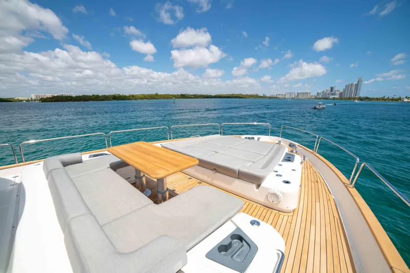 Sand Bar Yacht Photos Pics Luxurious 2018 Sirena 64 yacht deck with seating and ocean view.