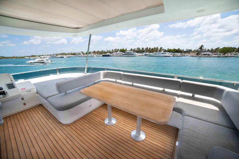 Sand Bar Yacht Photos Pics Spacious deck of 2018 Sirena 64 yacht with ocean view and comfortable seating.