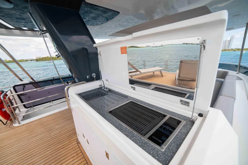 Sand Bar Yacht Photos Pics Outdoor kitchen on the 2018 Sirena 64 yacht with ocean view.