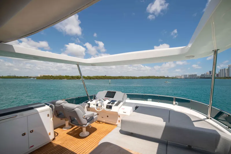 Sand Bar Yacht Photos Pics Flybridge of 2018 Sirena 64 yacht with scenic ocean view.