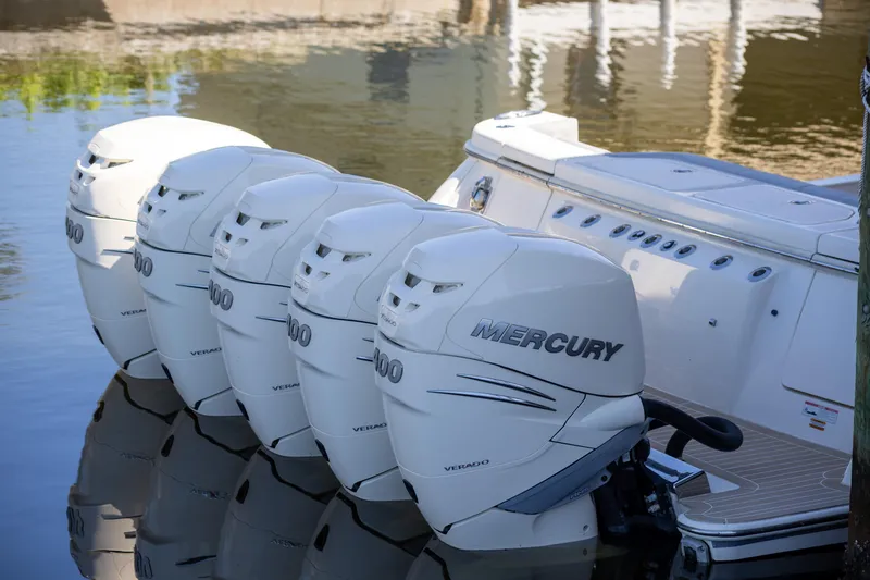  Yacht Photos Pics 2020 Scout 530LXF boat with five Mercury outboard engines on water.