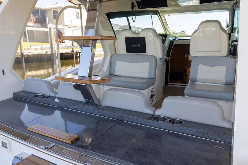  Yacht Photos Pics 2020 Scout 530LXF luxury boat interior with seating and modern design.