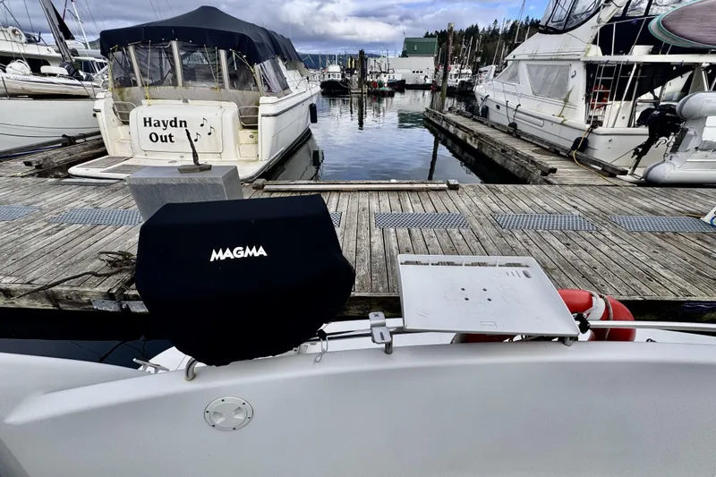 Family Affair IV Yacht Photos Pics 1997 Carver 500 Cockpit Motor Yacht docked at marina with covered grill.