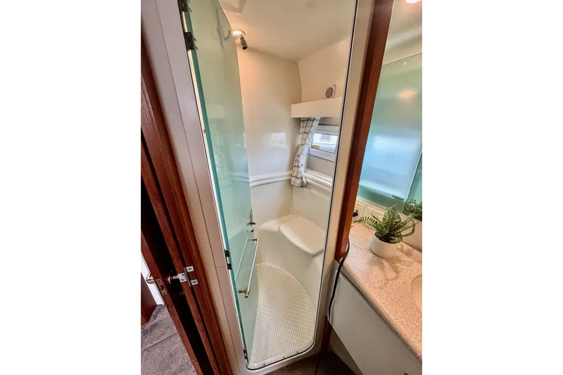 Family Affair IV Yacht Photos Pics Bathroom interior of 1997 Carver 500 Cockpit Motor Yacht with shower and potted plant.