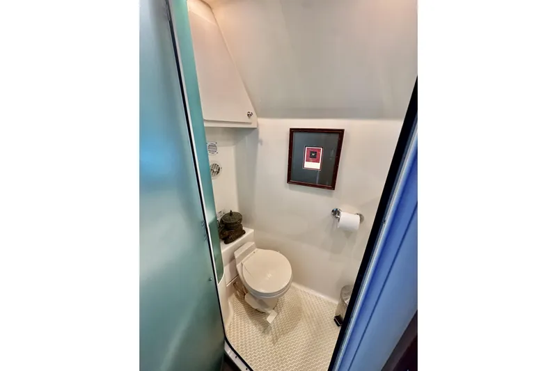 Family Affair IV Yacht Photos Pics Bathroom interior of 1997 Carver 500 Cockpit Motor Yacht, featuring toilet and framed artwork.