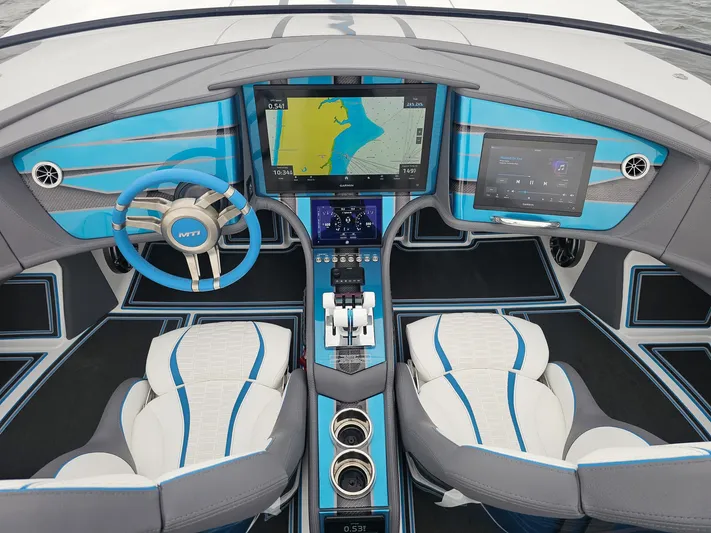  Yacht Photos Pics Interior of 2026 MTI 440X boat with advanced navigation system and modern design.