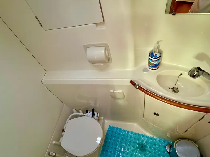 Wander Cat Yacht Photos Pics Compact bathroom in a 2004 Lagoon 380 catamaran with toilet, sink, and blue mat.