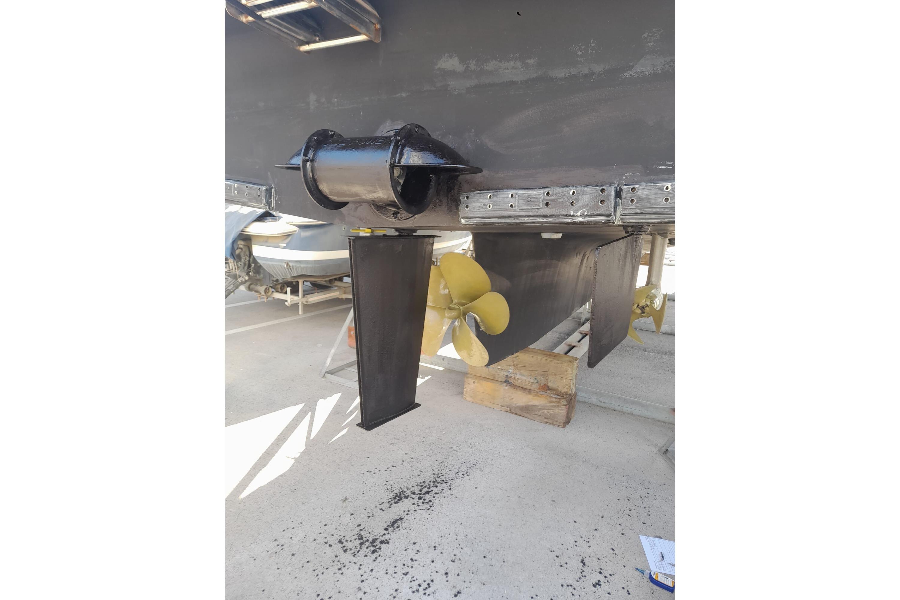 2014 Elling E3 Ultimate yacht propeller and rudder detail in dry dock.