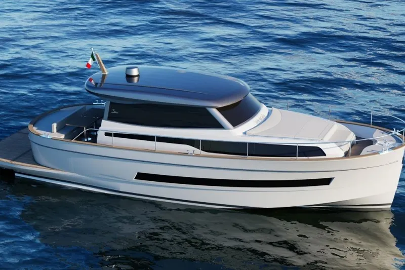  Yacht Photos Pics 2025 Apreamare GOZZO 48 CABIN yacht on calm blue water.