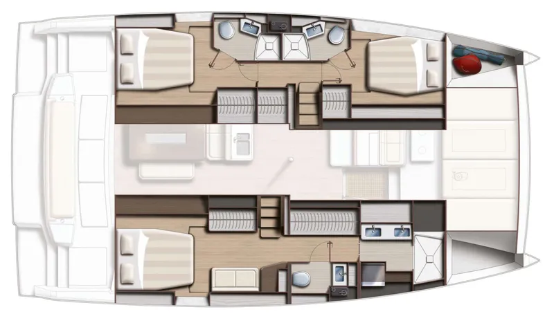 C Dreams Yacht Photos Pics Floor plan of a 2022 Bali 4.6 catamaran, featuring cabins, bathrooms, and living areas.