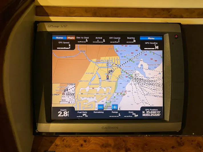  Yacht Photos Pics Garmin GPS display on 2001 Fairline Squadron 55 yacht, showing nautical map and navigation details.