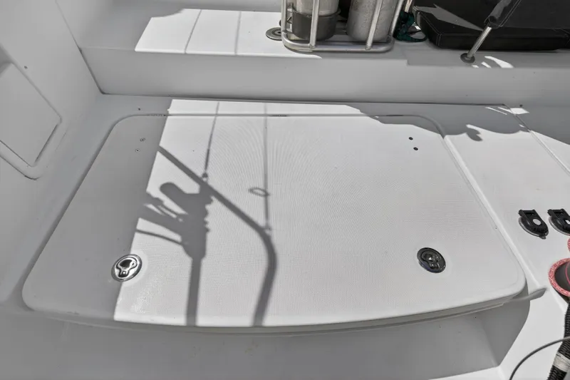  Yacht Photos Pics Deck area of a 2019 Lagoon 450 F catamaran with storage compartments.