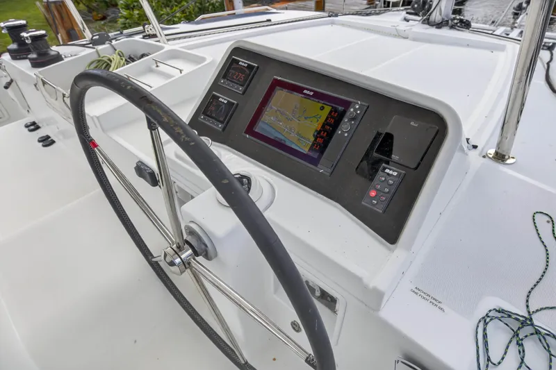  Yacht Photos Pics Steering wheel and navigation system on 2019 Lagoon 450 F catamaran.