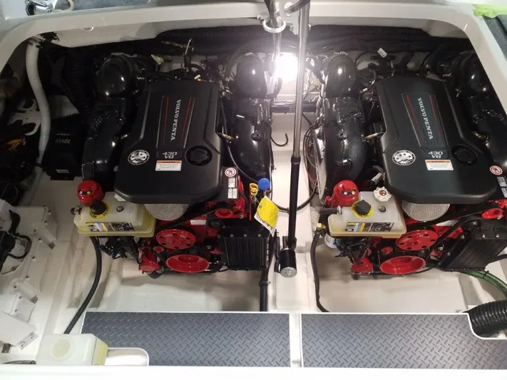  Yacht Photos Pics 2021 Formula 350 Crossover Bowrider engine compartment with twin MerCruiser engines.