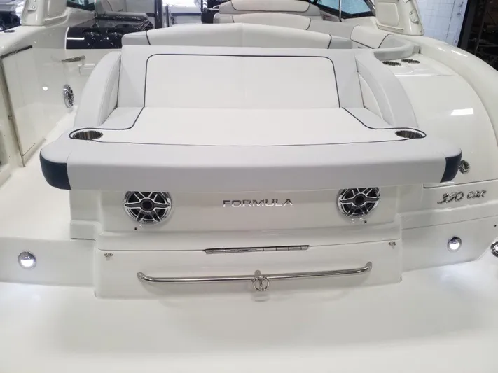  Yacht Photos Pics 2021 Formula 350 Crossover Bowrider, rear view with seating and speakers.