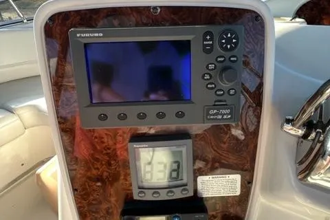 Her Idea Yacht Photos Pics Close-up of the control panel on a 2005 Meridian 381 boat.