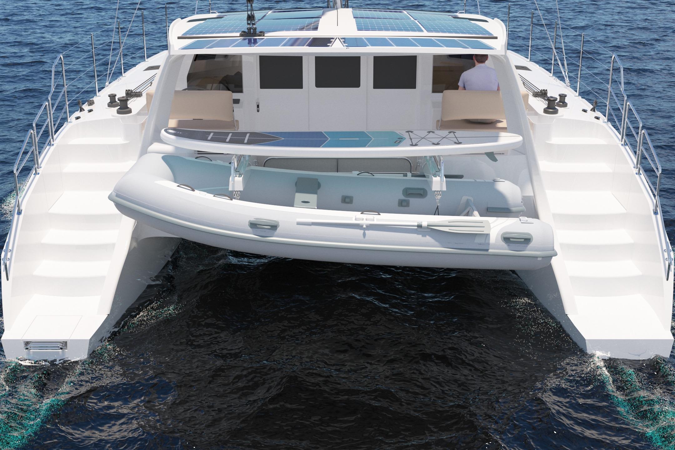 2026 Seawind 1270 catamaran with paddleboard and dinghy on the ocean.