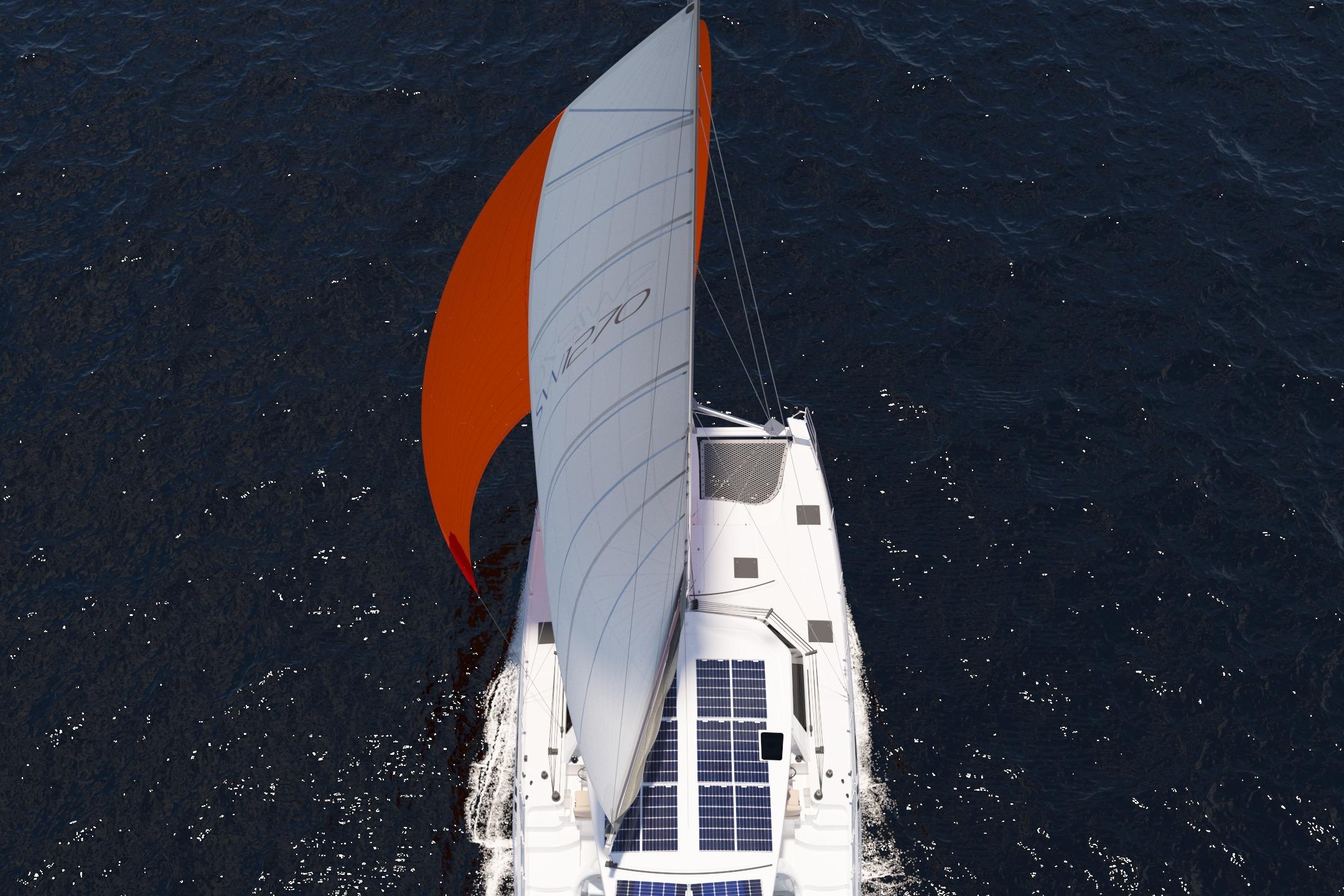 2026 Seawind 1270 catamaran sailing with solar panels, aerial view.