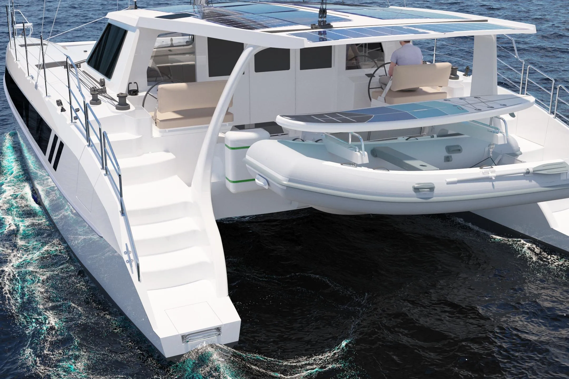 2026 Seawind 1270 catamaran sailing on open water, featuring solar panels and a dinghy.