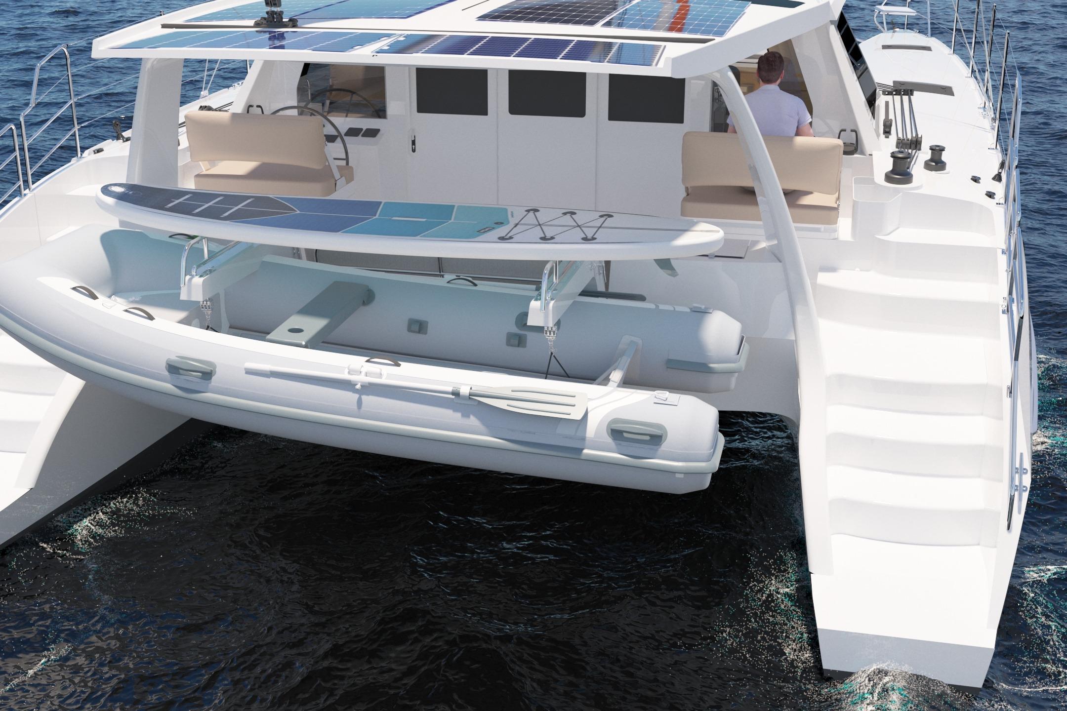 2026 Seawind 1270 catamaran with solar panels and dinghy on ocean.