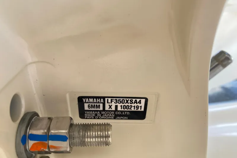  Yacht Photos Pics Yamaha motor label on Grady-White Freedom 307, 2026 model, showing specifications.